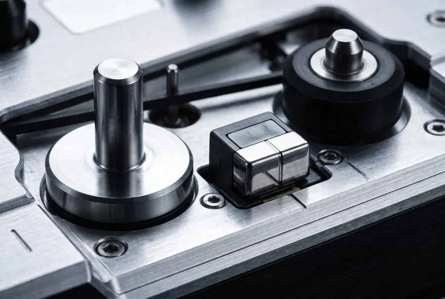 Capstan, flywheel, pinch roller and playback head on a milled plate